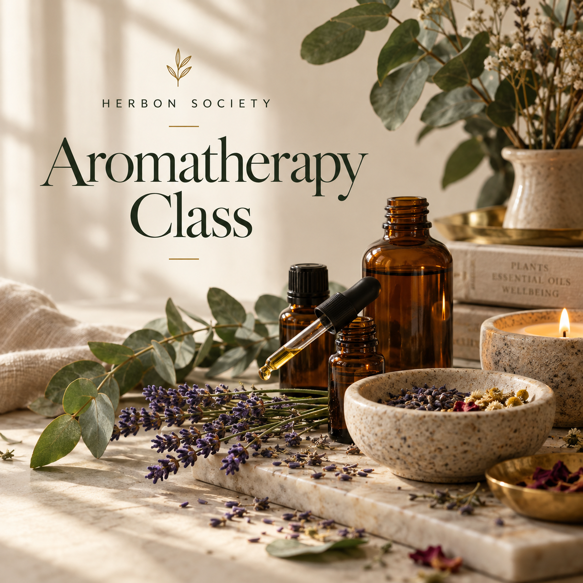 Amber essential oil bottles with lavender, eucalyptus, rosemary, and botanical ingredients arranged for an aromatherapy blending workshop.