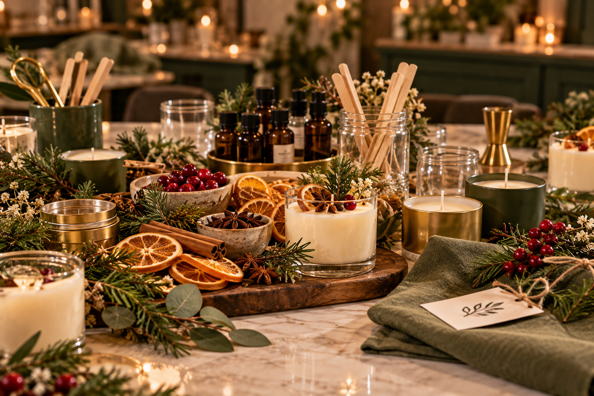 Holiday candle making workshop with festive candles, dried oranges, evergreen branches and candle-making supplies at Herbon Society in Manahawkin NJ