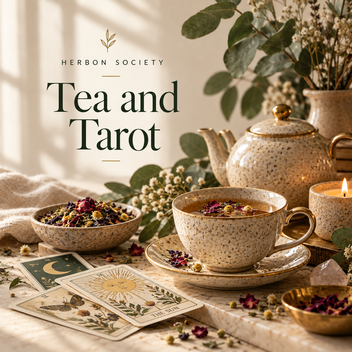Tarot cards arranged beside a ceramic teapot and teacups with botanical accents in an intimate tea and tarot setting.