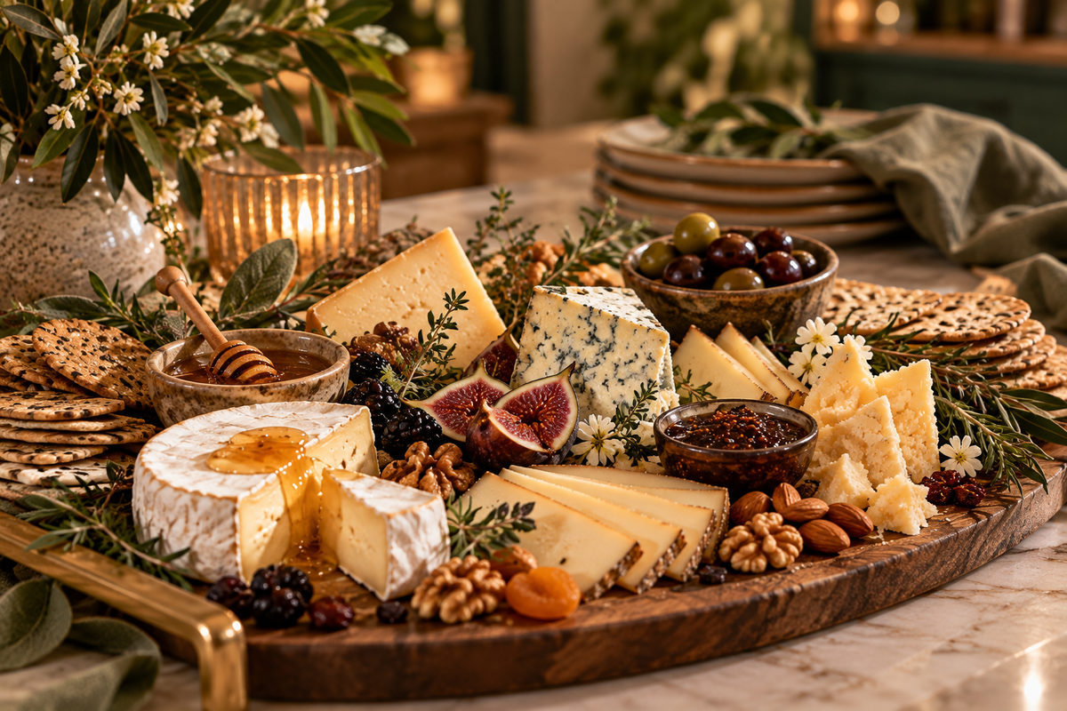 Assorted artisan cheeses, brie, figs, honey, nuts and crackers arranged on a wooden cheese tasting board with botanical accents.