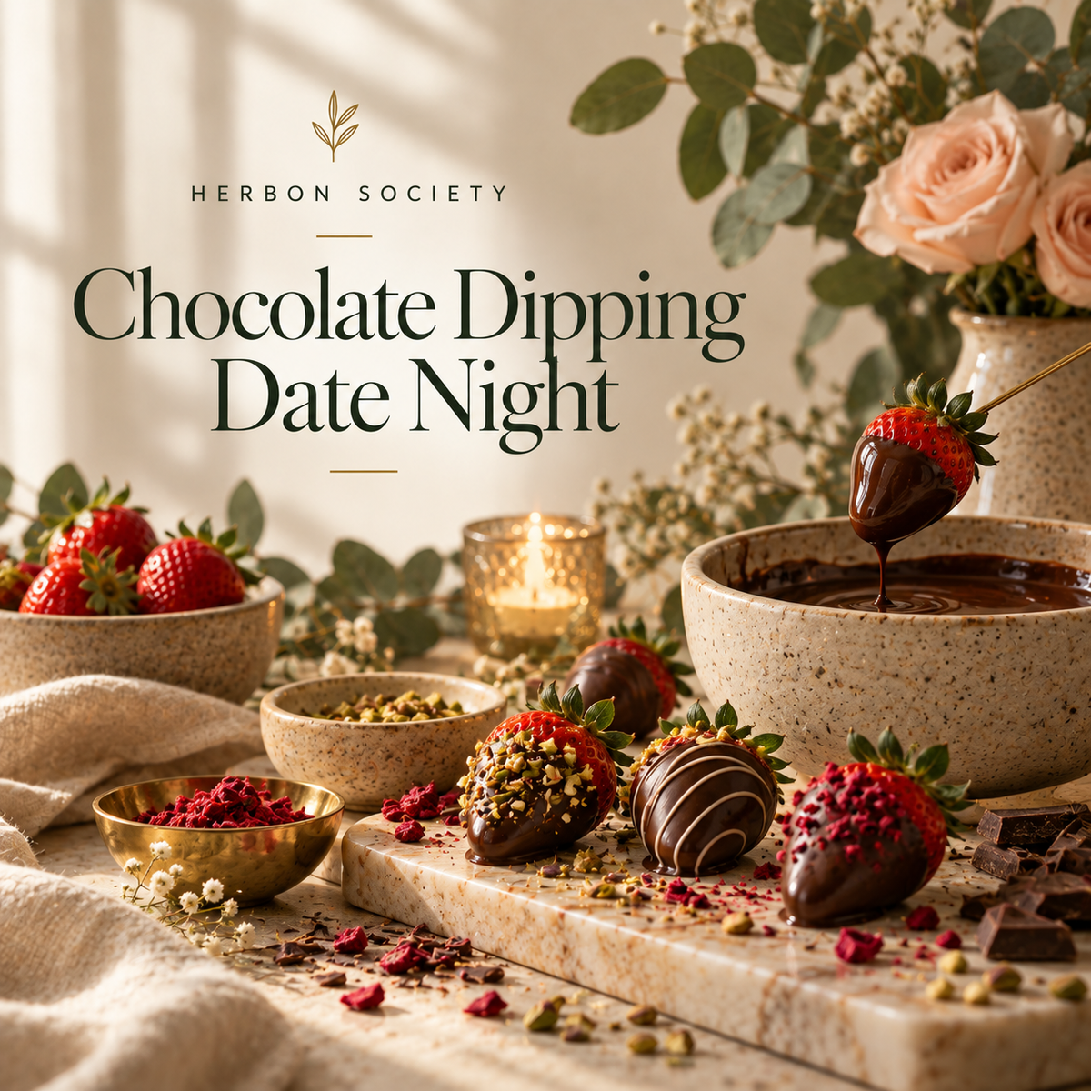 Chocolate-dipped strawberries and assorted sweet treats decorated with chocolate drizzle on an elegant serving tray.