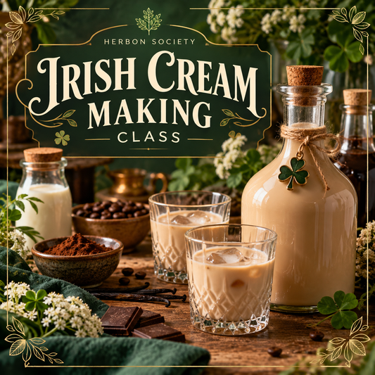 Creamy Irish-inspired beverage in a glass surrounded by coffee beans, chocolate, vanilla, and cream on a rustic tabletop.