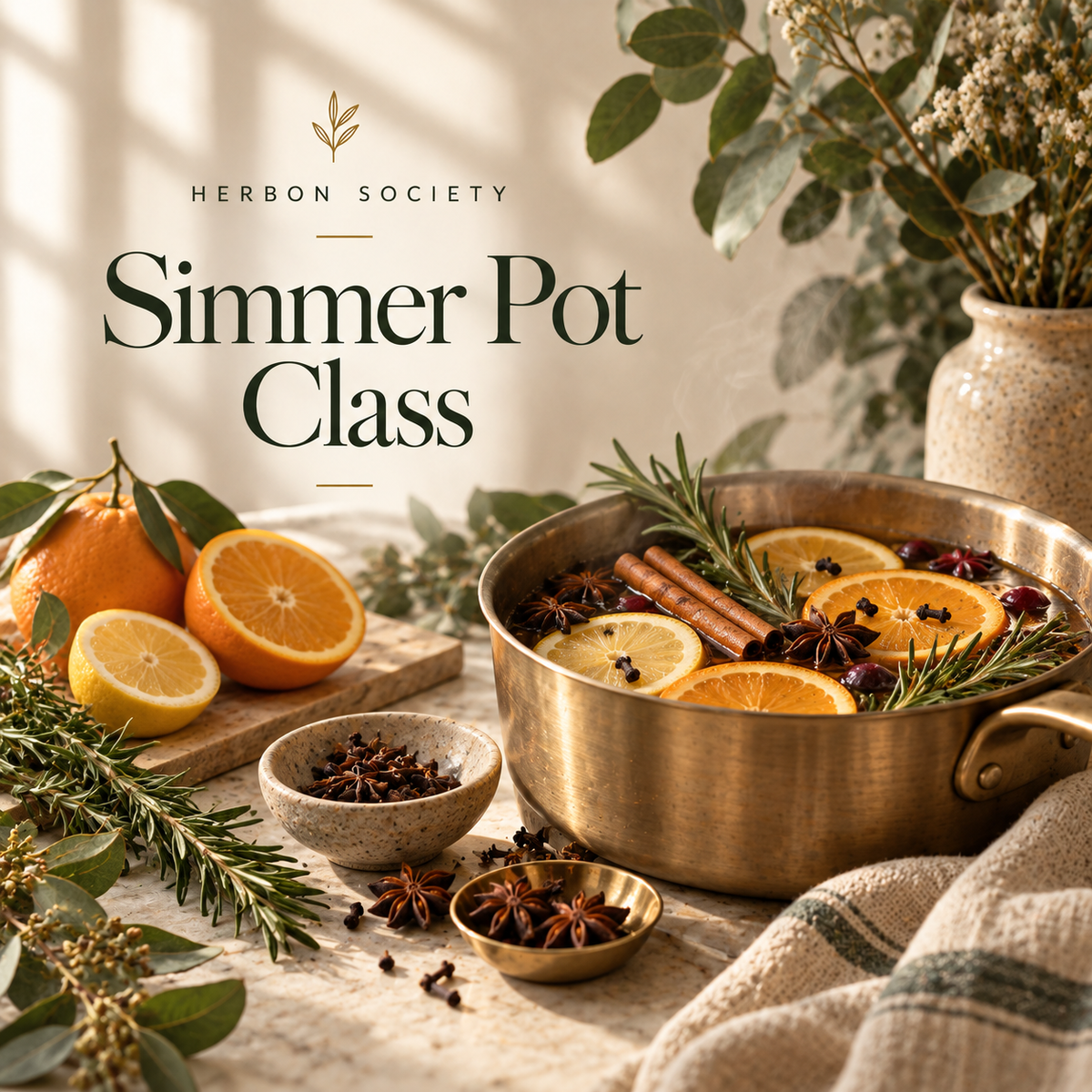 Holiday simmer pot with oranges, cranberries, cinnamon, rosemary and star anise in a green pot surrounded by seasonal botanical ingredients.