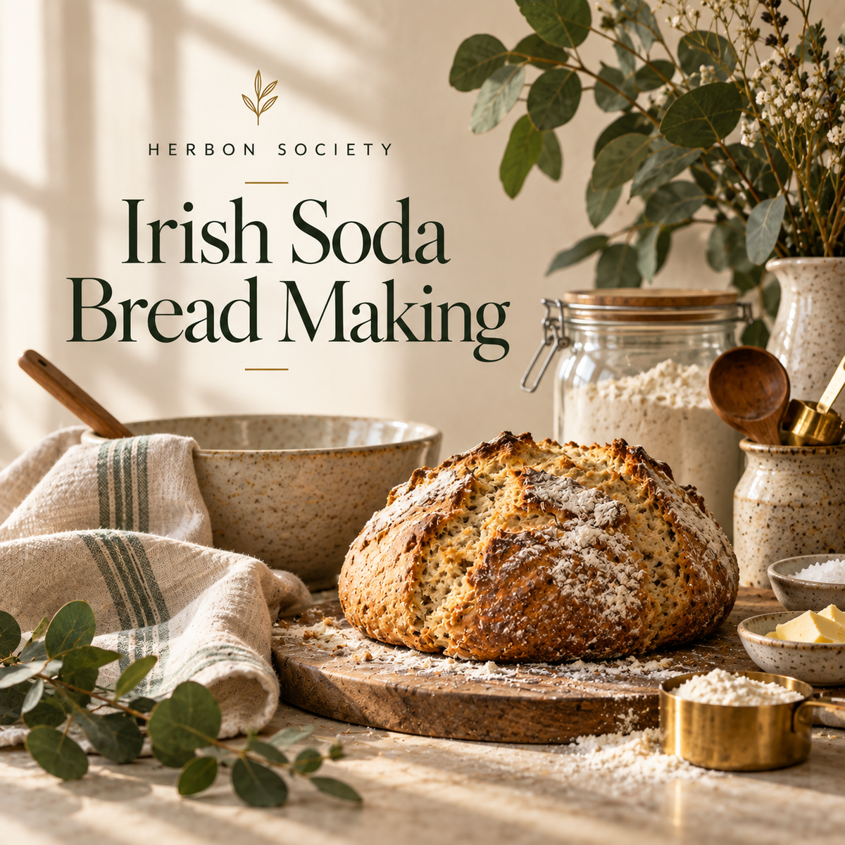 Freshly baked Irish soda bread with a golden crust on a wooden board, surrounded by flour, butter, and rustic baking ingredients.
