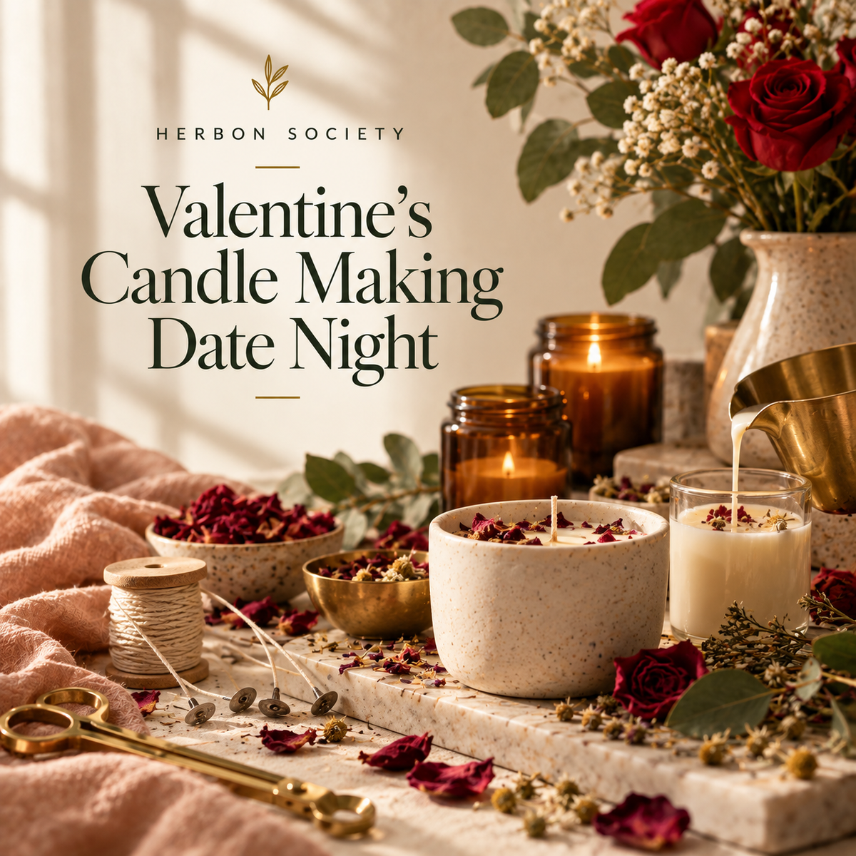 Valentine's candle-making arrangement with candle jars, pink and red flowers, fragrance supplies, and romantic tabletop accents.